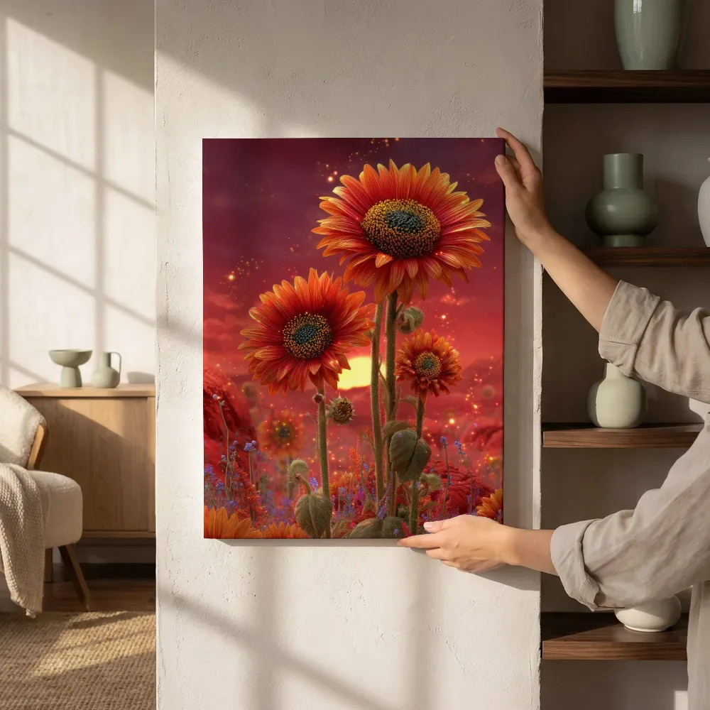 Sfeerimpressie: Zonnebloemen bij een vurige zonsondergang naast de kast