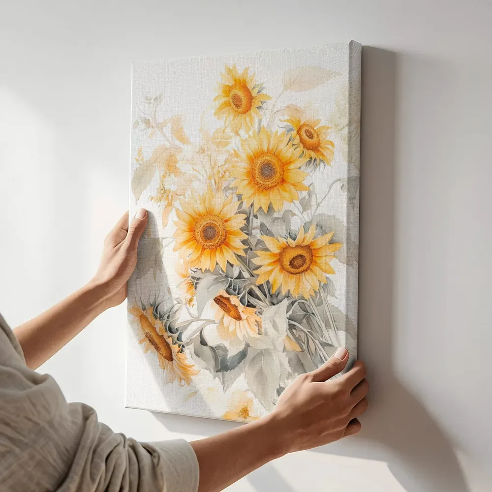 Sfeerimpressie: Zonnebloemen boeket aquarel terwijl het aan de muur wordt gehangen