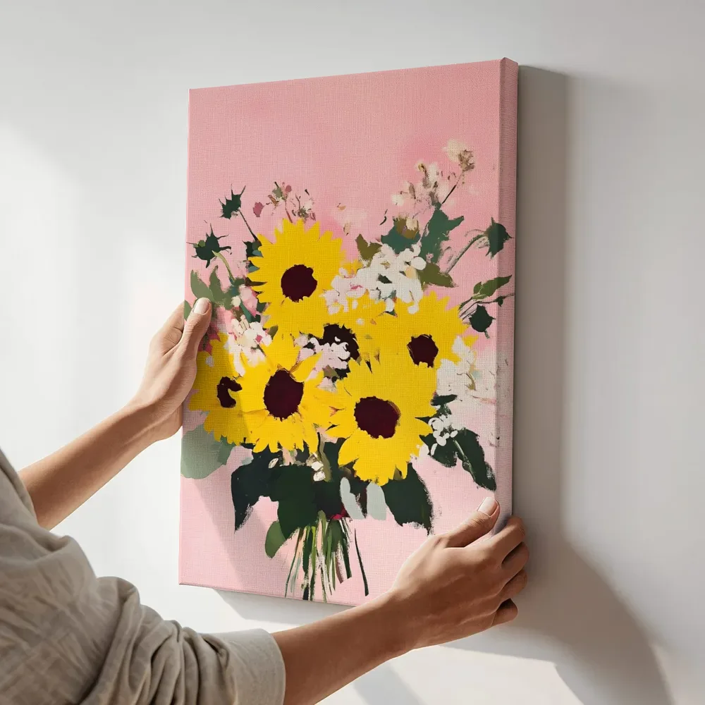 Sfeerimpressie: Zonnebloemen boeket variant terwijl het aan de muur wordt gehangen