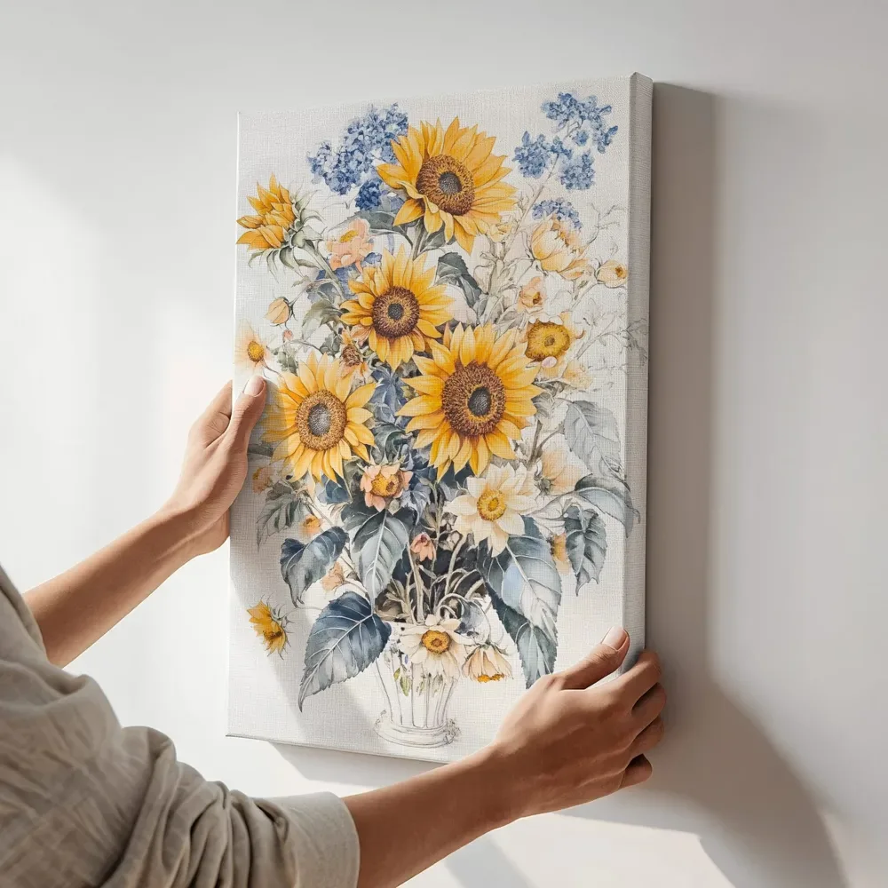 Sfeerimpressie: Zonnebloemen en hortensia boeket terwijl het aan de muur wordt gehangen
