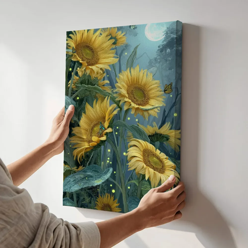 Sfeerimpressie: Zonnebloemen in het maanlicht terwijl het aan de muur wordt gehangen