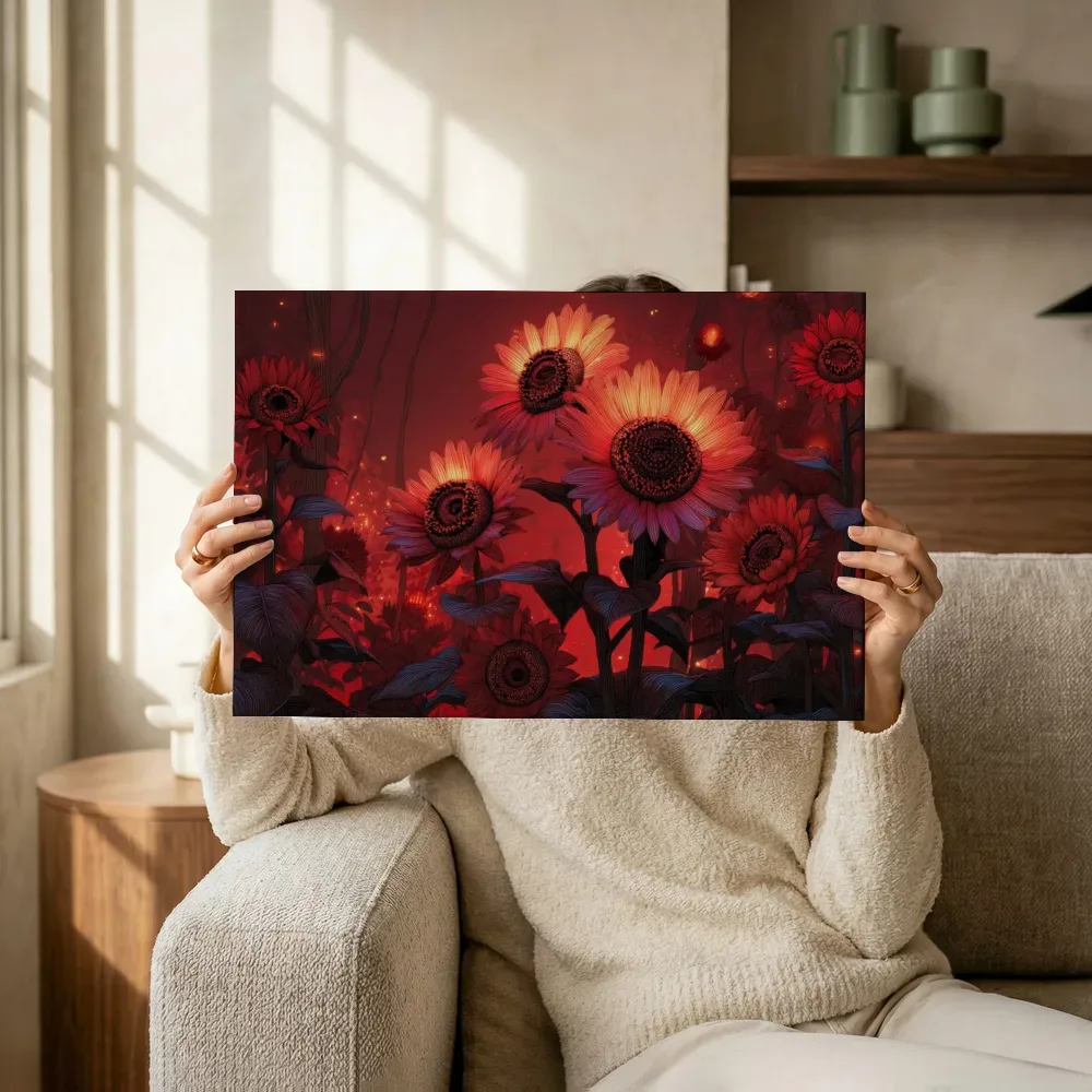 Sfeerimpressie: Zonnebloemen in vurig avondlicht terwijl het omhoog wordt gehouden