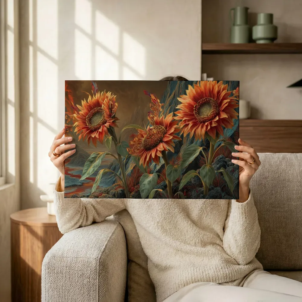Sfeerimpressie: Zonnebloemen langs de lavarivier terwijl het omhoog wordt gehouden