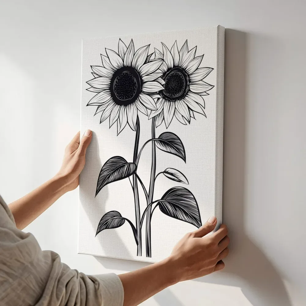 Sfeerimpressie: Zonnebloemen lijntekening terwijl het aan de muur wordt gehangen