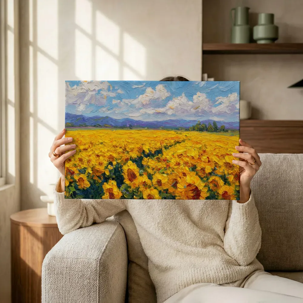 Sfeerimpressie: Zonnebloemen onder blauwe hemel terwijl het omhoog wordt gehouden