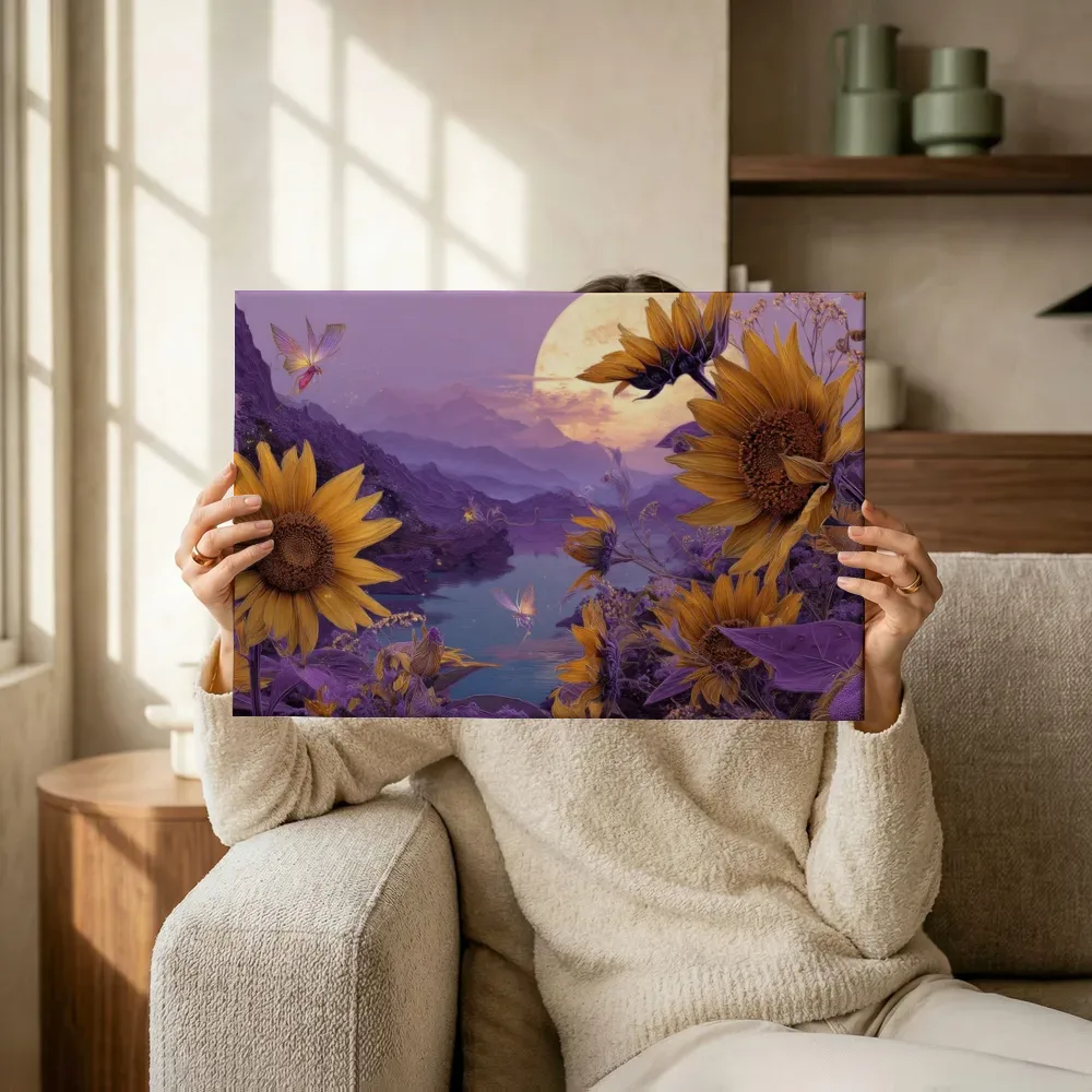 Sfeerimpressie: Zonnebloemen onder de volle maan terwijl het omhoog wordt gehouden