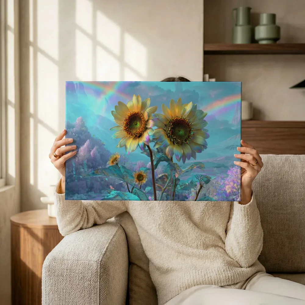 Sfeerimpressie: Zonnebloemen onder de dubbele regenboog terwijl het omhoog wordt gehouden