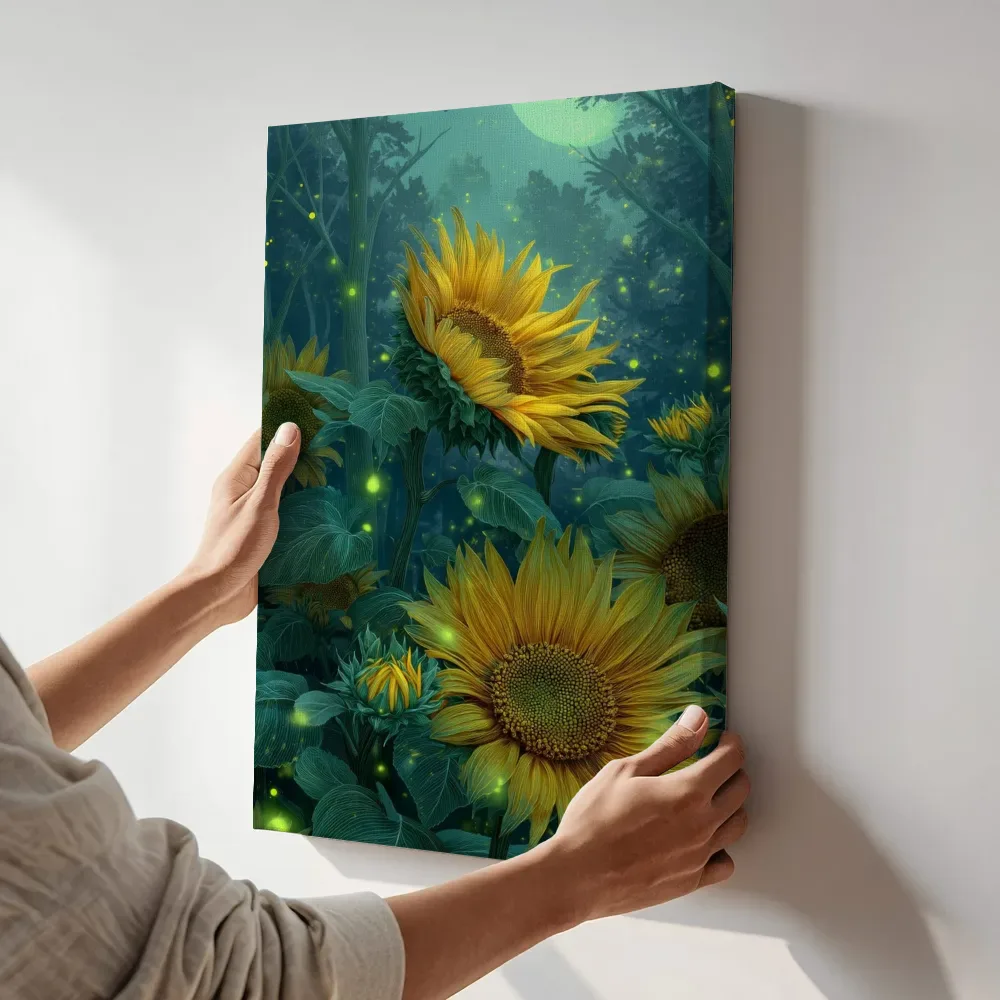 Sfeerimpressie: Zonnebloemen onder de groene maan terwijl het aan de muur wordt gehangen