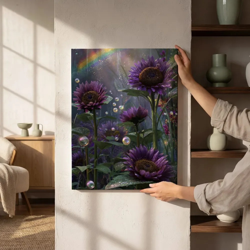 Sfeerimpressie: Zonnebloemen in regenboogglans naast de kast