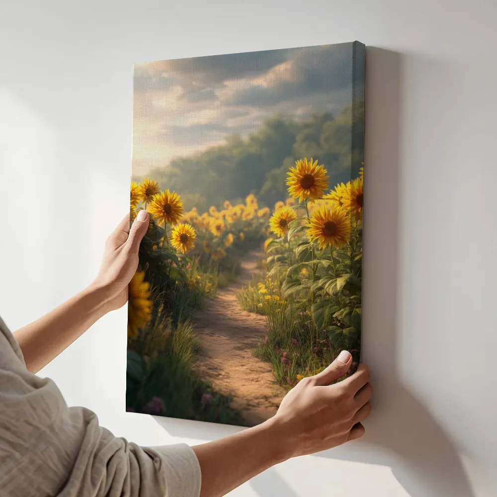 Sfeerimpressie: Pad tussen de zonnebloemen terwijl het aan de muur wordt gehangen