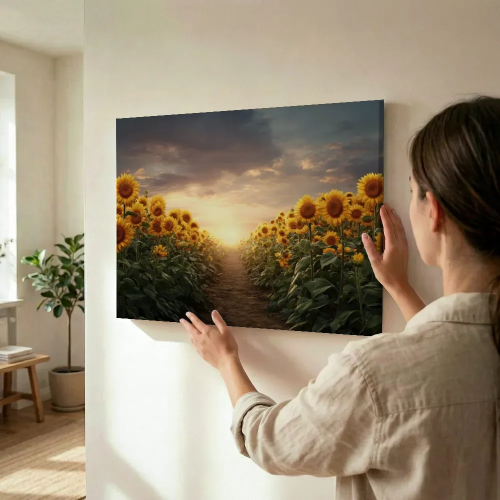 Sfeerimpressie: Pad door zonnebloemenveld bij zonsondergang terwijl het wordt opgehangen