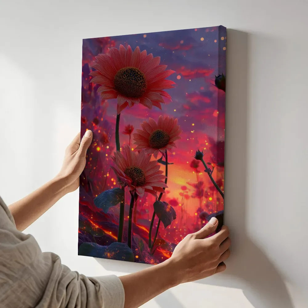 Sfeerimpressie: Roze zonnebloemen in paarse avondgloed terwijl het aan de muur wordt gehangen