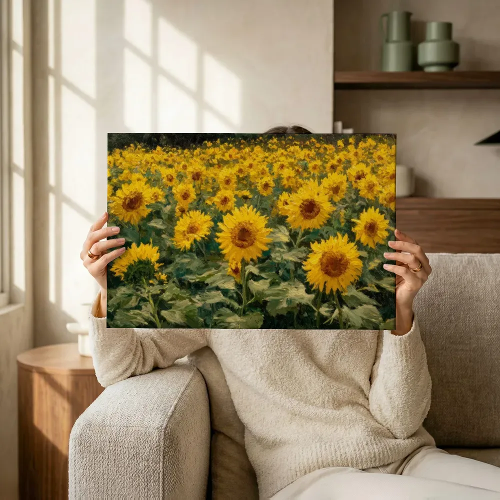 Sfeerimpressie: Zonnebloemenveld close-up terwijl het omhoog wordt gehouden