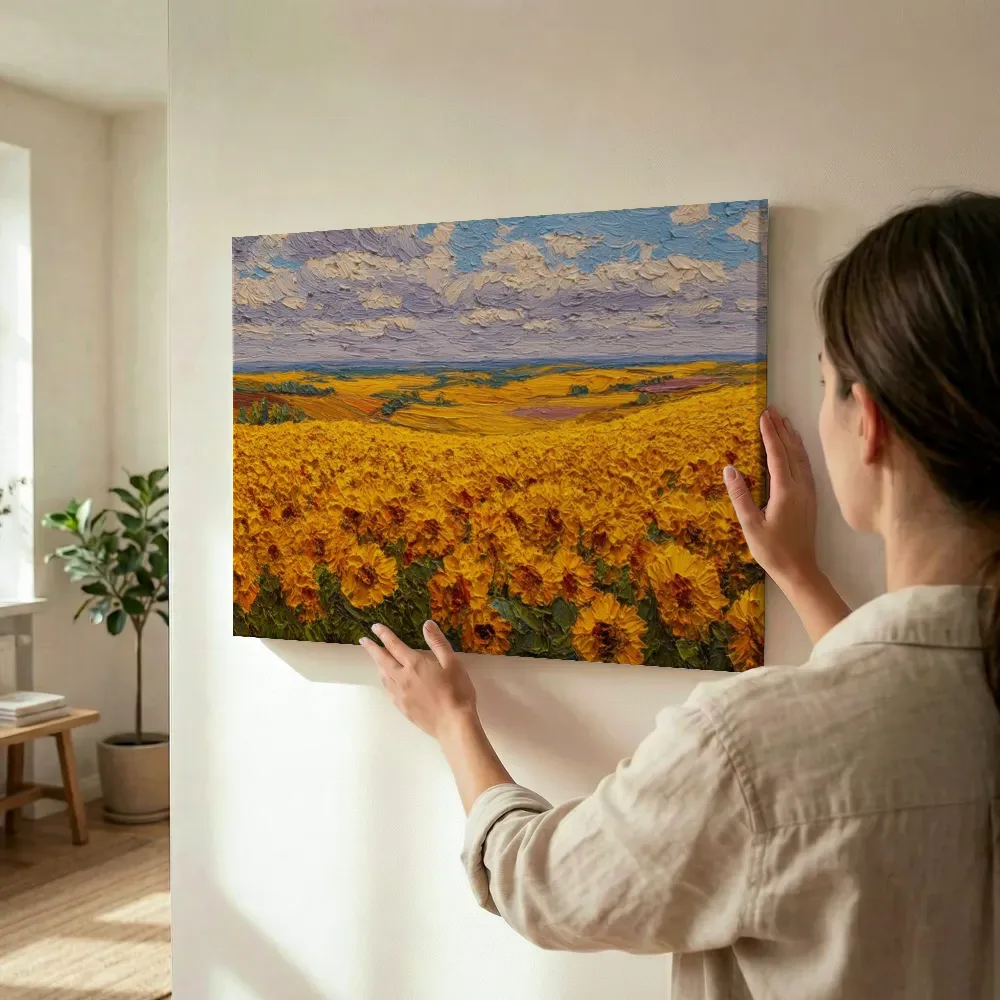 Sfeerimpressie: Zonnebloemenveld in de vallei terwijl het wordt opgehangen