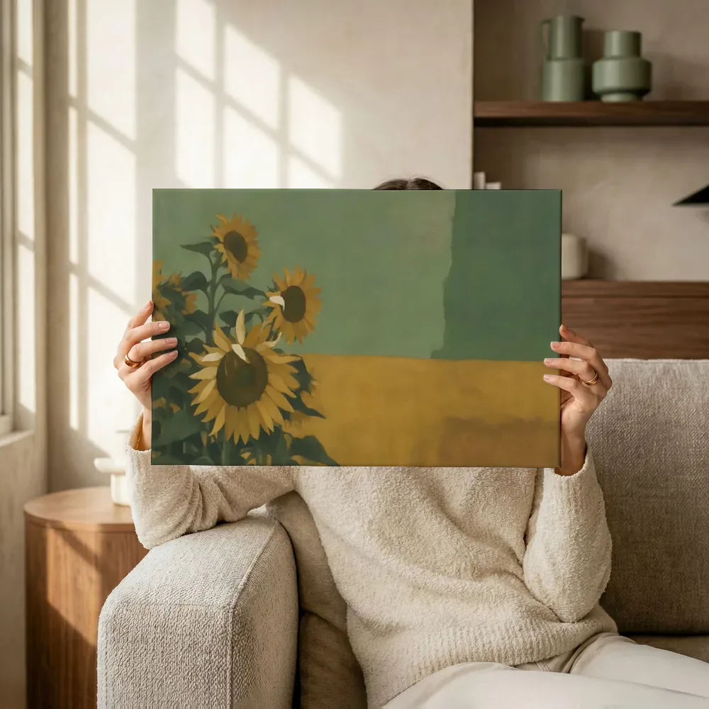 Sfeerimpressie: Zonnebloemenveld in salie en oker terwijl het omhoog wordt gehouden