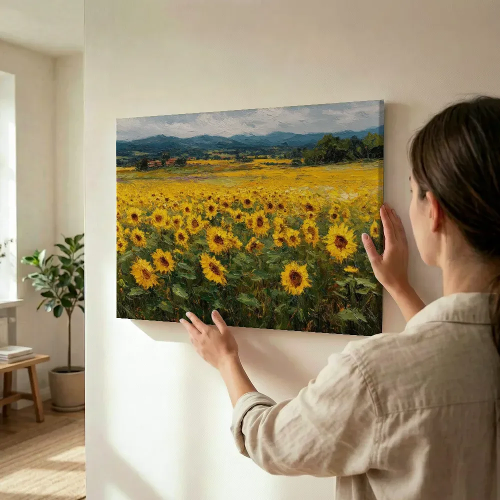 Sfeerimpressie: Zonnebloemenveld met dorpsgezicht terwijl het wordt opgehangen