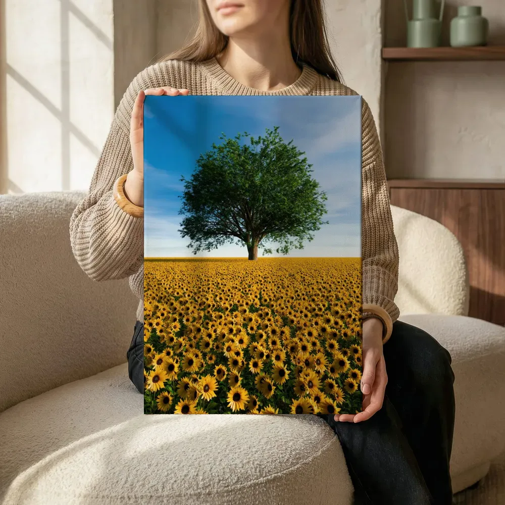 Sfeerimpressie: Zonnebloemenveld met solitaire boom terwijl het zittend wordt getoond