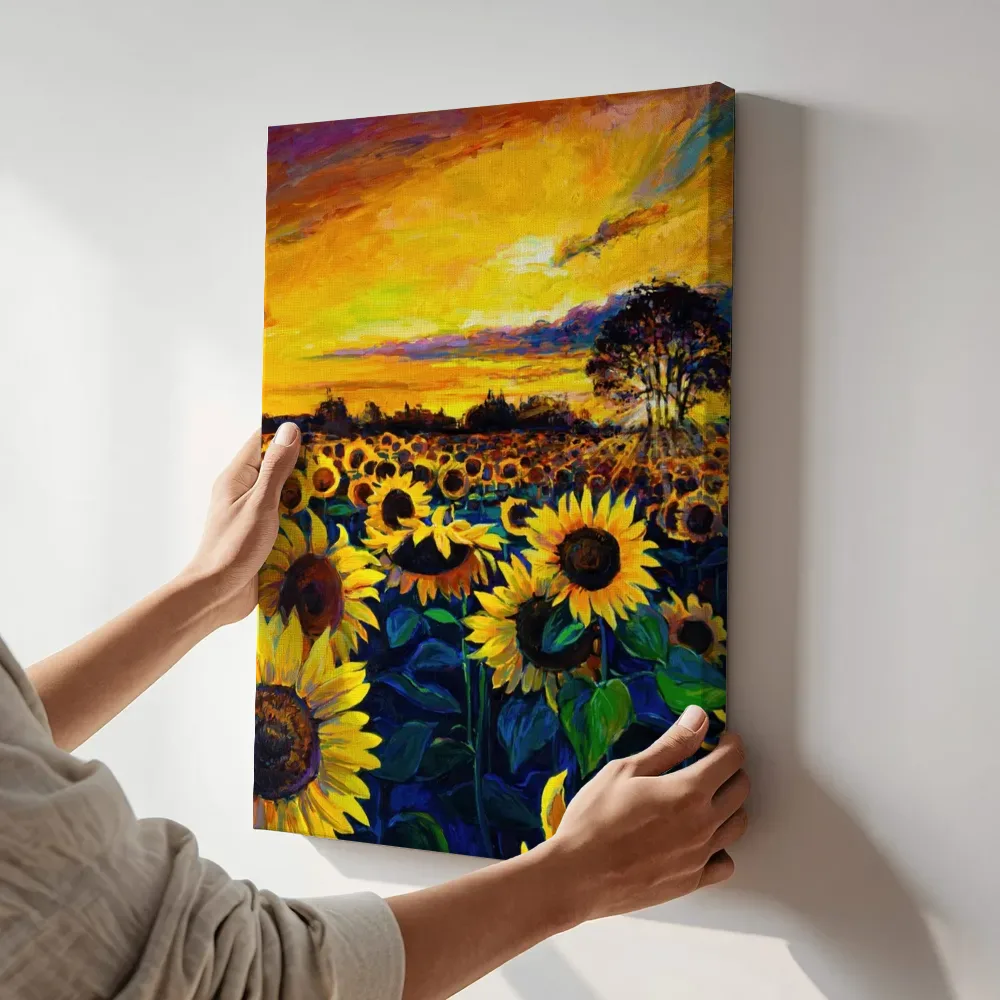 Sfeerimpressie: Zonnebloemenveld terwijl het aan de muur wordt gehangen