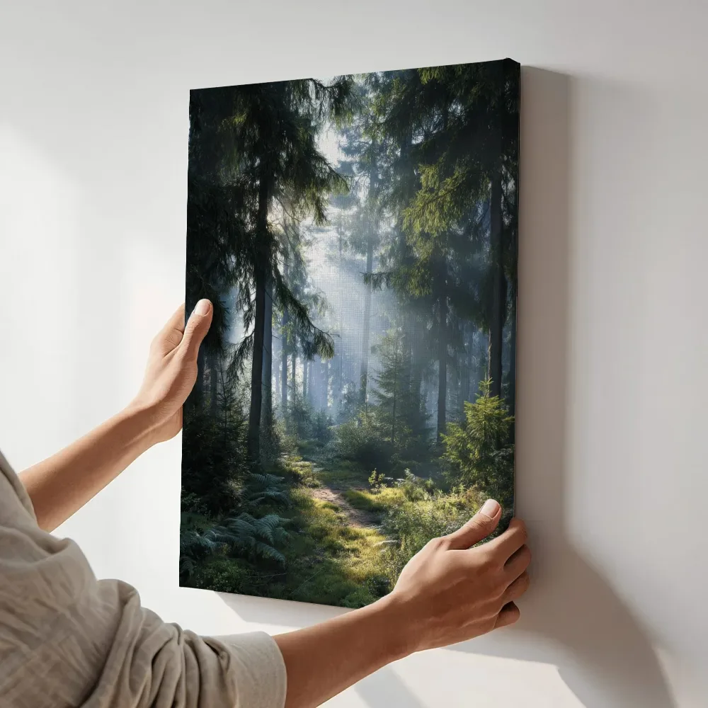 Sfeerimpressie: Zonnestralen door het dennenbos terwijl het aan de muur wordt gehangen