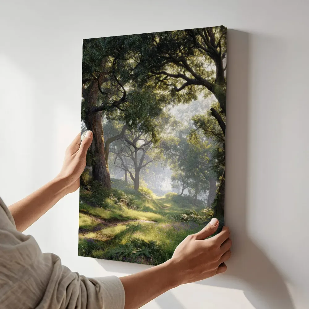 Sfeerimpressie: Zonnige open plek in het bos terwijl het aan de muur wordt gehangen