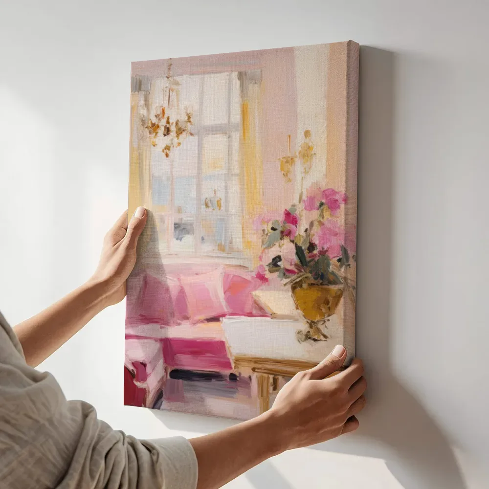 Sfeerimpressie: Zonnige woonkamer met roze bank terwijl het aan de muur wordt gehangen