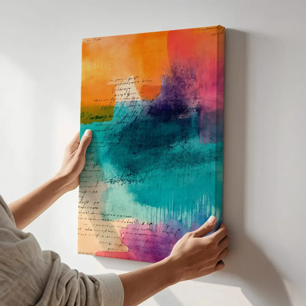 Sfeerimpressie: Zonsondergang inkt waterverf terwijl het aan de muur wordt gehangen