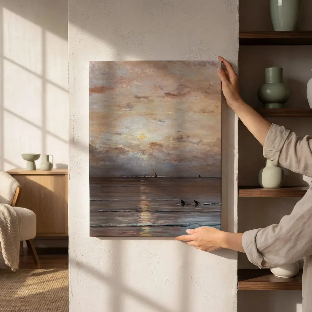 Sfeerimpressie: Zonsondergang met garnalenvissers van Hendrik Willem Mesdag naast de kast