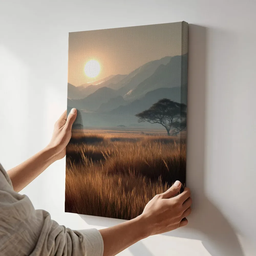 Sfeerimpressie: Zonsondergang over de savanne terwijl het aan de muur wordt gehangen