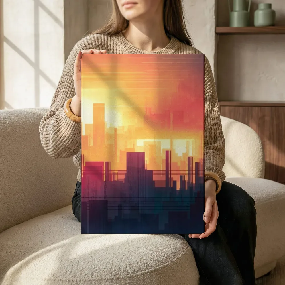 Sfeerimpressie: Zonsondergang over de stad terwijl het zittend wordt getoond