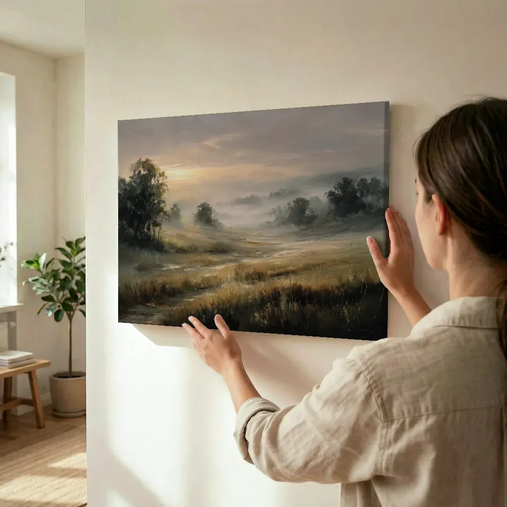 Sfeerimpressie: Zonsopgang boven mistige beekvallei terwijl het wordt opgehangen