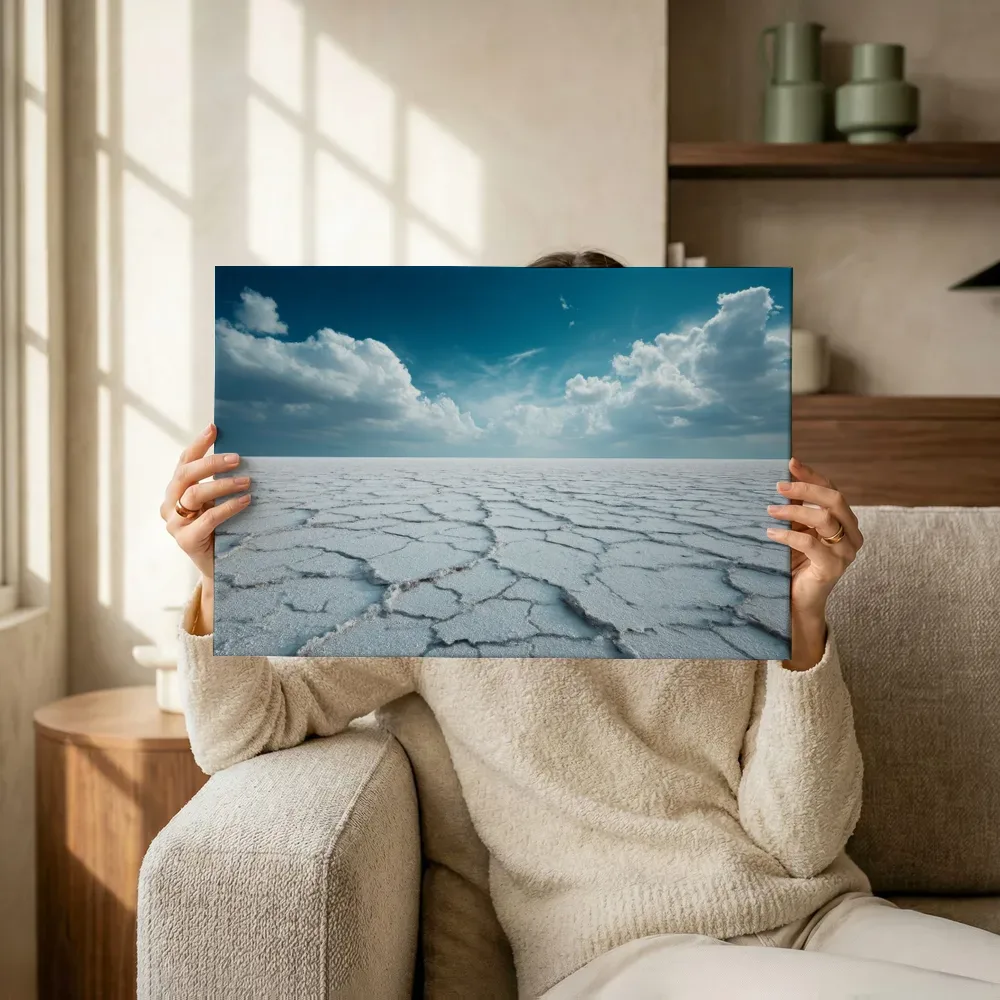 Sfeerimpressie: Zoutwoestijn met verre wolkenpartij terwijl het omhoog wordt gehouden