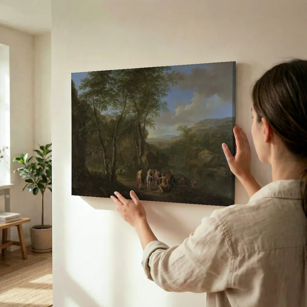 Sfeerimpressie: Zuidelijk landschap met het oordeel van Paris van Cornelius van Poelenburgh, Jan Both terwijl het wordt opgehangen