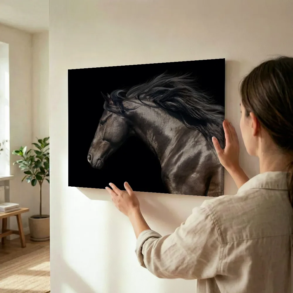 Sfeerimpressie: Zwart paard in profiel terwijl het wordt opgehangen