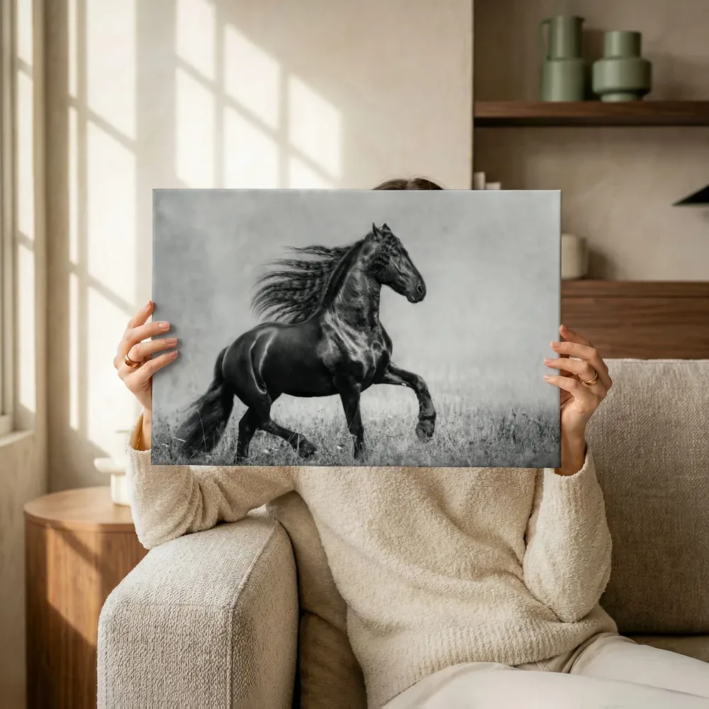 Sfeerimpressie: Galopperend paard in zwart-wit terwijl het omhoog wordt gehouden