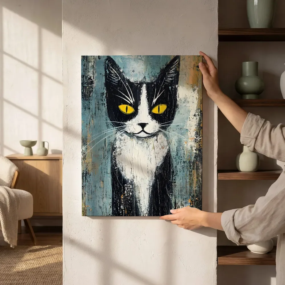 Sfeerimpressie: Zwart-wit kat portret naast de kast