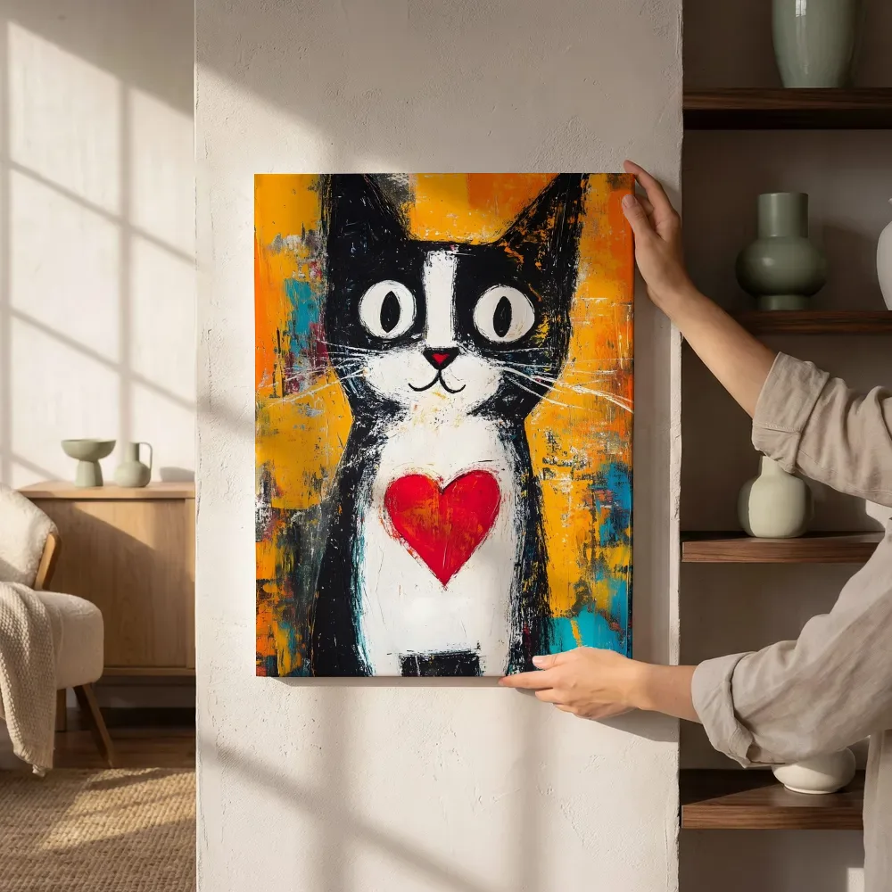 Sfeerimpressie: Zwart-witte kat met groot rood hart naast de kast