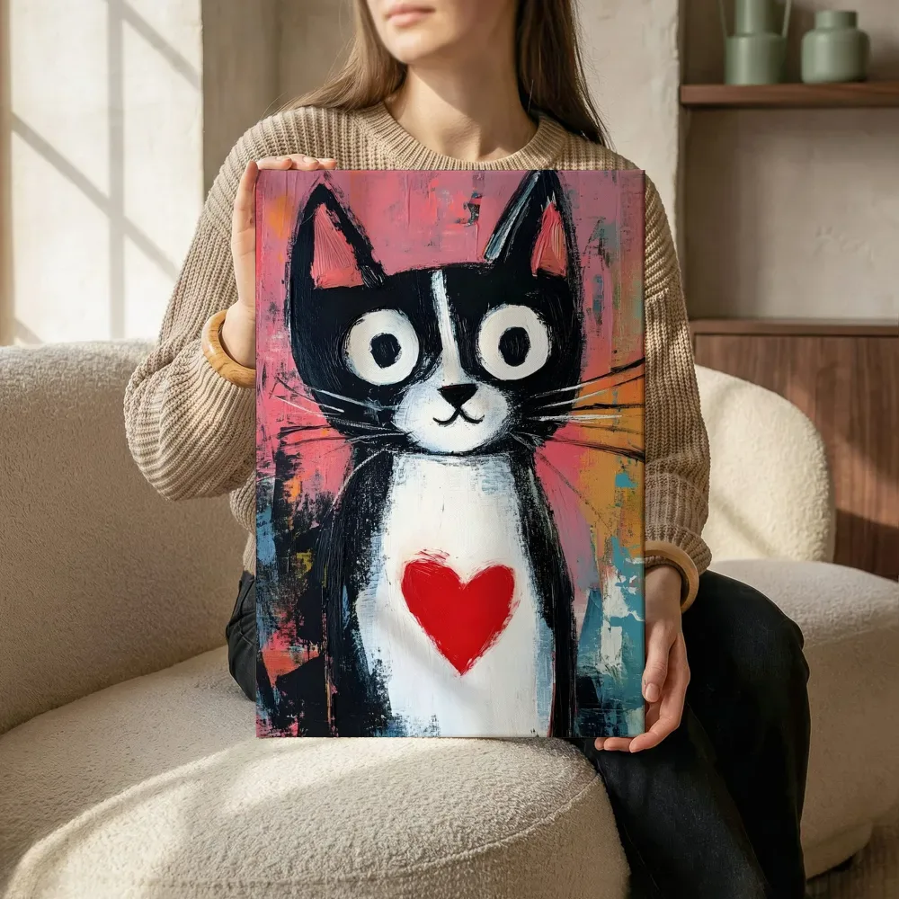 Sfeerimpressie: Zwart-witte kat met rood hart terwijl het zittend wordt getoond