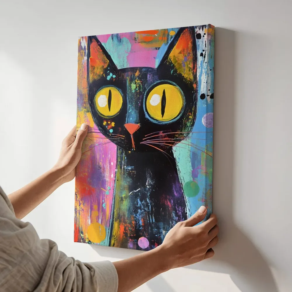 Sfeerimpressie: Zwarte kat met gele ogen terwijl het aan de muur wordt gehangen