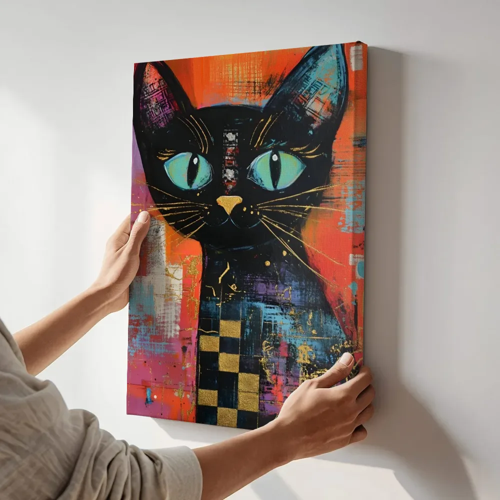 Sfeerimpressie: Zwarte kat met goudpatroon terwijl het aan de muur wordt gehangen