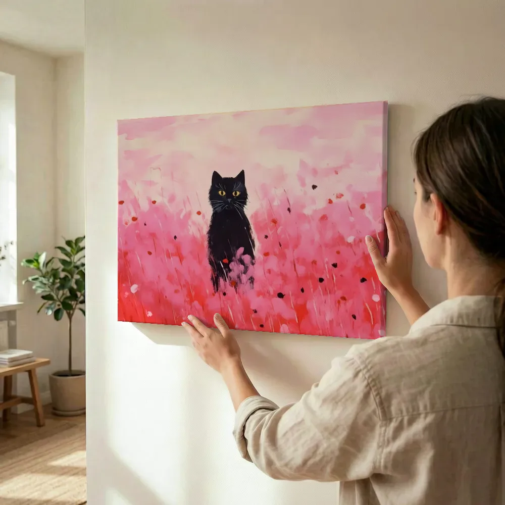 Sfeerimpressie: Zwarte kat in roze bloemenveld terwijl het wordt opgehangen