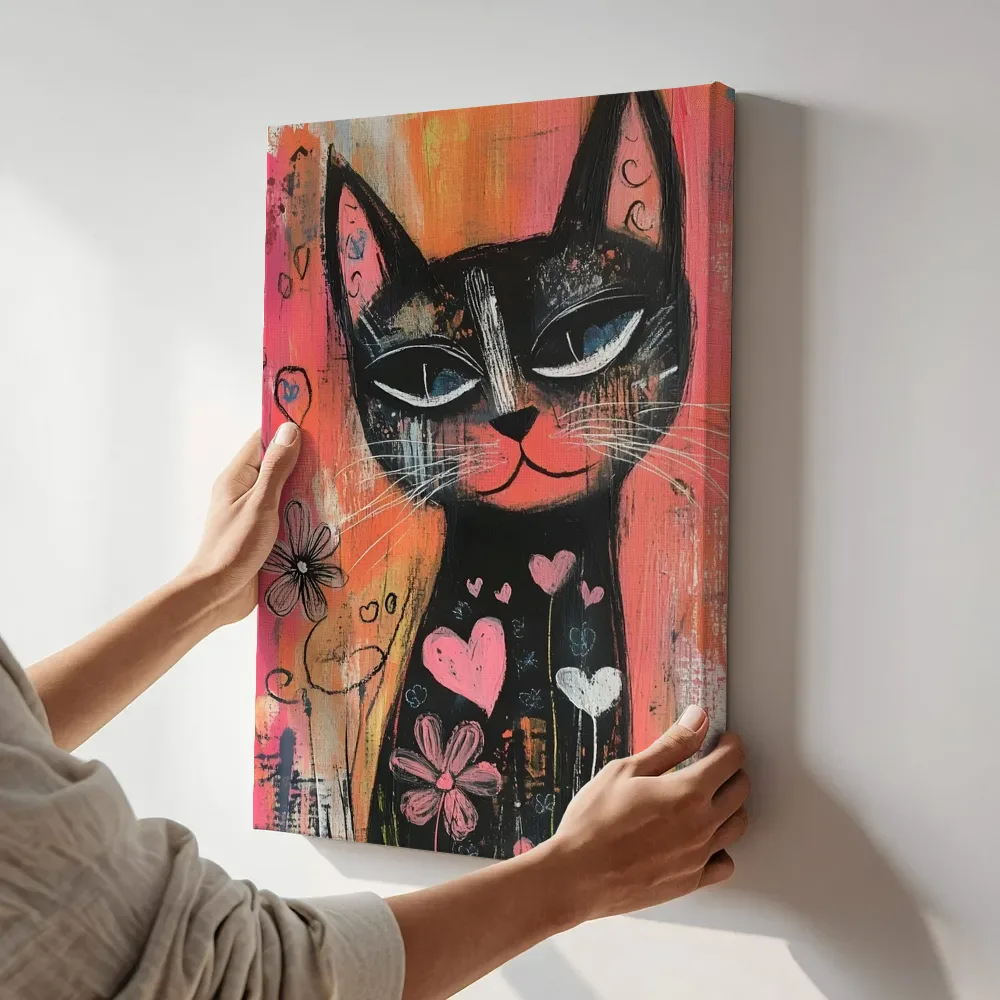 Sfeerimpressie: Zwarte kat met bloemen terwijl het aan de muur wordt gehangen