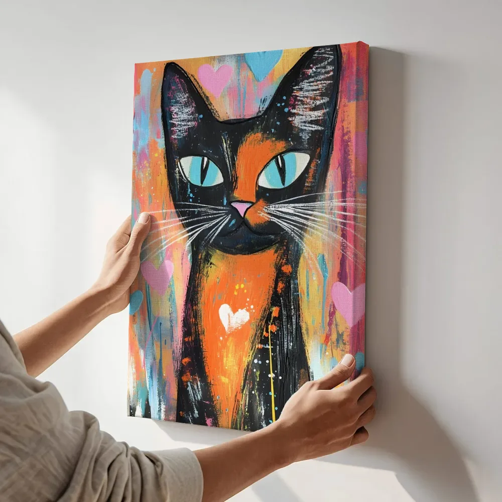 Sfeerimpressie: Zwarte kat met hartjes en oranje vacht schilderij terwijl het aan de muur wordt gehangen