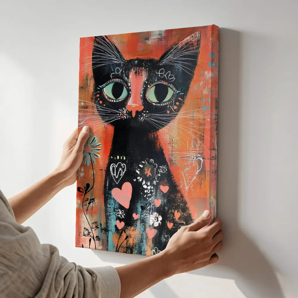 Sfeerimpressie: Zwarte kat met hartjes en bloemen schilderij terwijl het aan de muur wordt gehangen