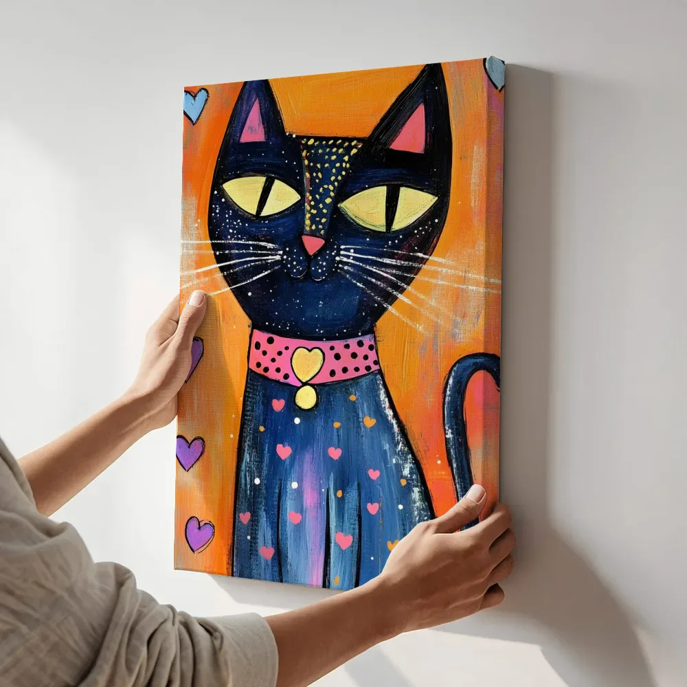 Sfeerimpressie: Zwarte kat met hartjes oranje terwijl het aan de muur wordt gehangen