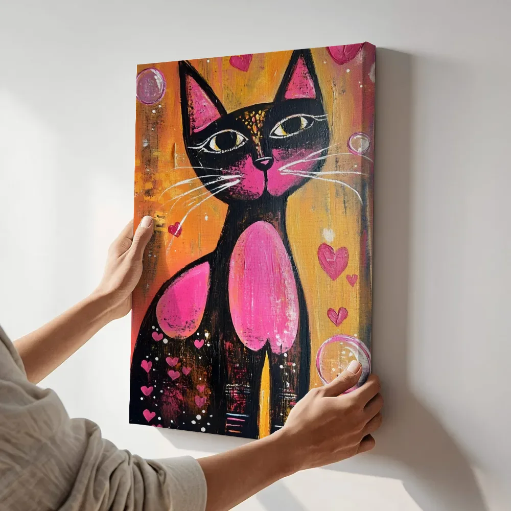 Sfeerimpressie: Zwarte kat met hartjes schilderij terwijl het aan de muur wordt gehangen