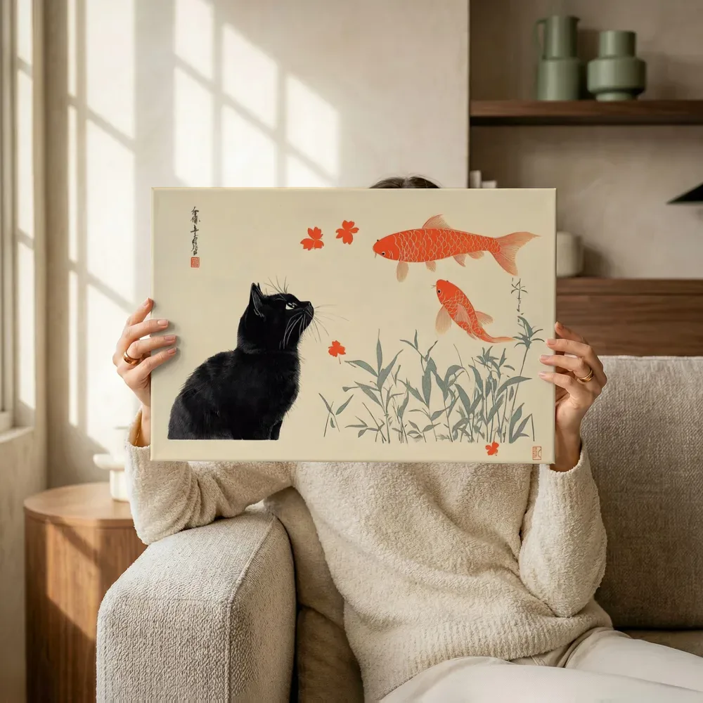 Sfeerimpressie: Zwarte kat met koi vissen en bloesem terwijl het omhoog wordt gehouden