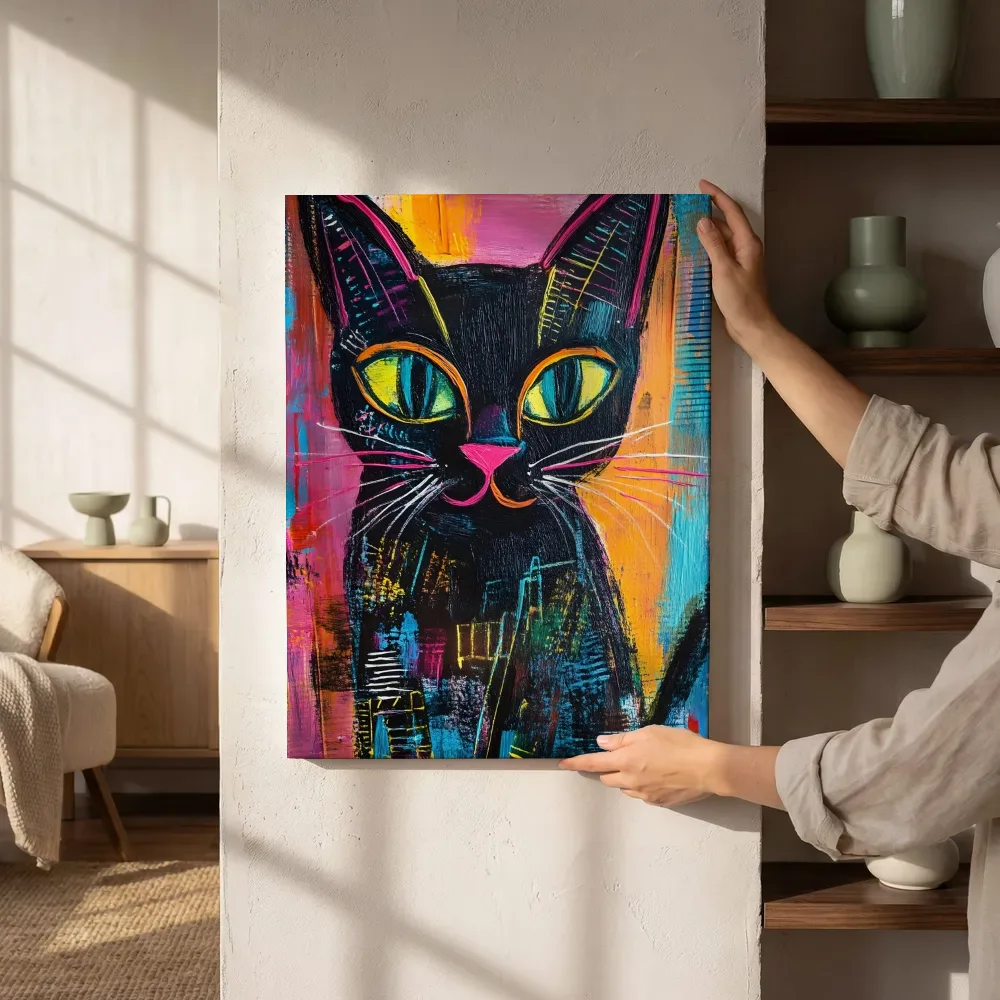 Sfeerimpressie: Zwarte kat met neon accenten naast de kast