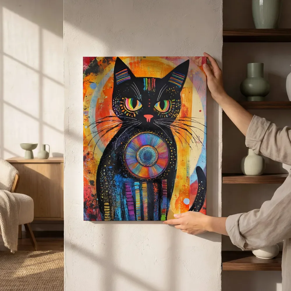 Sfeerimpressie: Zwarte kat met regenboogschijf naast de kast