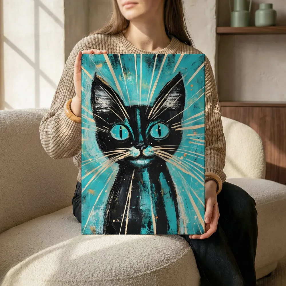 Sfeerimpressie: Zwarte kat met turquoise uitstraling terwijl het zittend wordt getoond