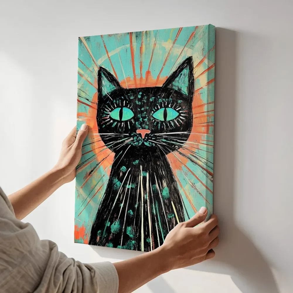 Sfeerimpressie: Zwarte kat met zonnestralen terwijl het aan de muur wordt gehangen